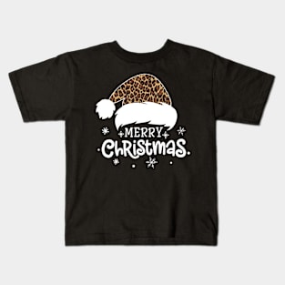 Merry Christmas Leopard Print Santa Hat Xmas Holiday Kids T-Shirt